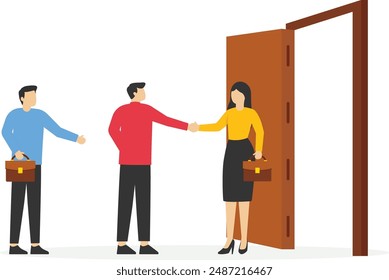 Businessman handshake welcome and introduce new staff to team. Onboarding employee, warm welcome to new office, orientation training on first day.

