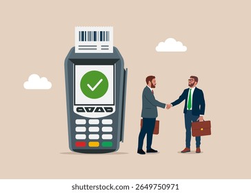 Businessman handshake welcome and introduce new POS terminal.  Dataphone electronic payment system. Flat vector illustration. 