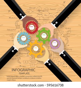 Businessman hand,touch cog,Idea and Concept Vector illustration Infographic template with background,Wooden floor,Lined pattern,graph,arrow,icon.