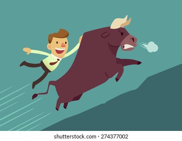 businessman hang on bull(market) running up hill