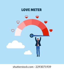 Businessman hanging by a pointer arrow. Love meter heart indicator. Love day full test valentine card progress. Modern flat vector illustration.