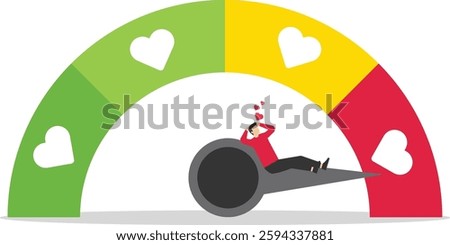 Businessman hanging by a pointer arrow. Love meter heart indicator. Love day full test valentine card progress. Modern flat vector illustration.

