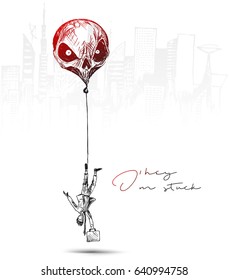 Businessman hanging by a rope on skull balloon, Hand Drawn Sketch Vector illustration.
