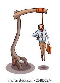 Businessman hanging from the Gallows, looking at his Wristwatch, Vector Illustration isolate on White Background. 