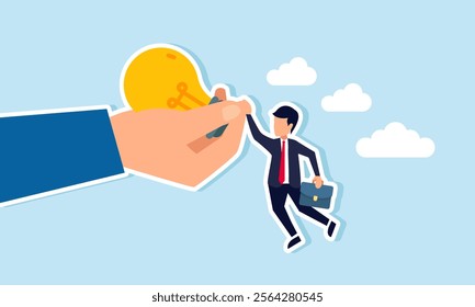 A businessman hanging and holding onto a hand gripping a lamp, illustration of idealism in sticking to ideas and innovations that are no longer relevant