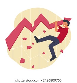 Businessman Hanging on Broken Graph Chart for Financial Concept Illustration