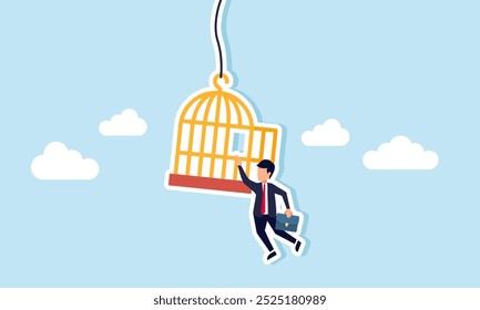 A businessman hanging on to a cage before falling, illustrating the struggle to save himself from losses and a failing business