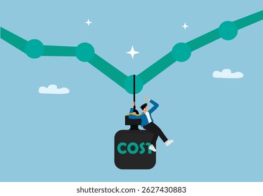 Businessman Hanging on Heavy Cost Weight Dragging Down Profit Graph as Symbol of Financial Burden, Expense Management, and Business Risk