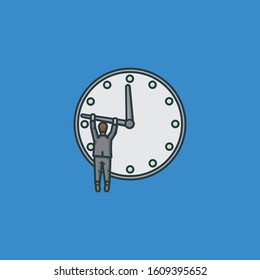 Businessman hanging on minute hand of clock trying to turn back time vector illustration. Deadline getting closer symbol.