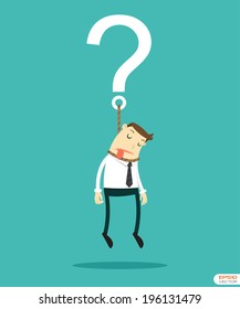 Businessman hanging on question. Vector illustration