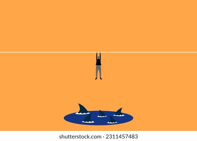 Businessman hanging on rope with circling sharks in the sea. the concept of opportunity, success and hope