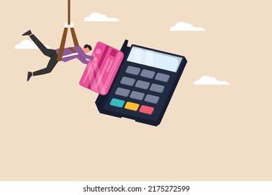 Businessman hanging on the rope using debit card for payment. Shopping mall concept. Colored flat vector illustration isolated.