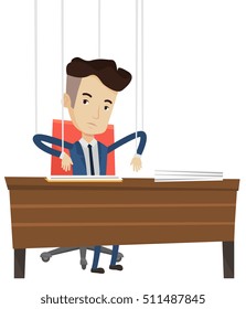 Businessman hanging on strings like a marionette. Businessman marionette on ropes sitting in office. Emotionless marionette man working. Vector flat design illustration isolated on white background.