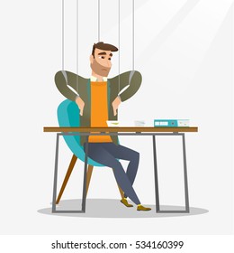 Geschäftsmann hängt an Streichern wie eine Marionette. Geschäftsmann Marionette auf Seilen sitzen im Büro. Emotionless Marionette Mann arbeitet. Vektorgrafik mit flachem Design, einzeln auf weißem Hintergrund.