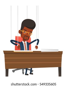 Businessman hanging on strings like a marionette. Businessman marionette on ropes sitting in office. Emotionless marionette man working. Vector flat design illustration isolated on white background.