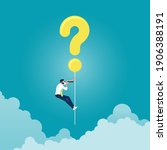 Businessman hanging question mark balloon and holding telescope search for answer, finding solution and problem solving
