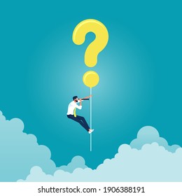 Businessman hanging question mark balloon and holding telescope search for answer, finding solution and problem solving