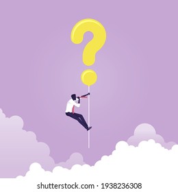 Businessman hanging question mark balloon and holding telescope search for answer, finding solution and problem solving