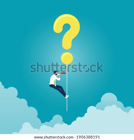 Businessman hanging question mark balloon and holding telescope search for answer, finding solution and problem solving