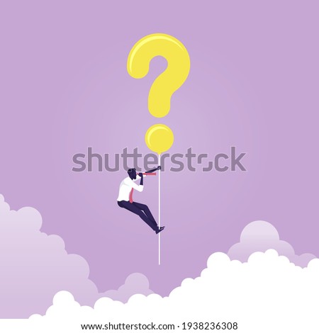 Businessman hanging question mark balloon and holding telescope search for answer, finding solution and problem solving