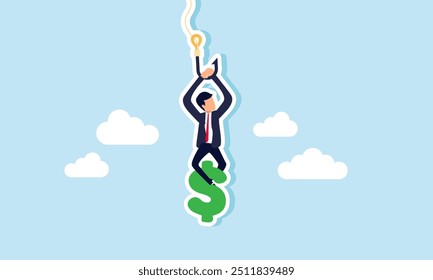 A businessman hanging from a rope hook, securing his dollar with his feet, Illustration concept of Securing wealth by safeguarding dollars against inflation or financial instability