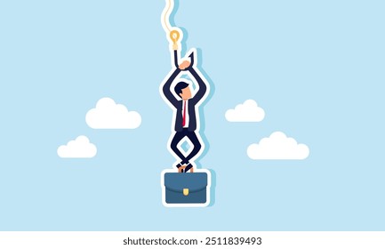 A businessman hanging from a rope hook, securing his briefcase with his feet, Illustration concept of Securing a job at risk of termination, balancing on the edge of uncertainty