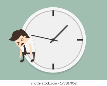 Businessman hangs on an arrow of clock