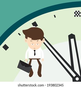 Businessman hangs on an arrow of clock minutes final 