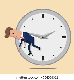 Businessman hangs on an arrow of clock. Vector illustration