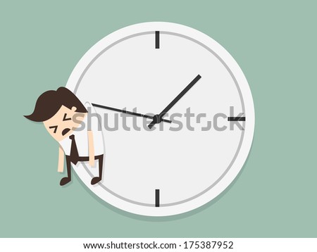Businessman hangs on an arrow of clock