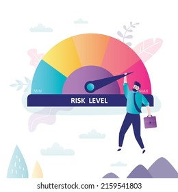 Businessman hangs on arrow of measuring device. High risk, business or job at risk. Risk management, balance between risky and possible profit. Sad investor on gauge. Flat vector illustration