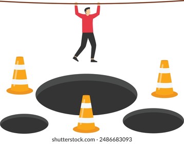 Businessman hangs on for dear life from a rope as he swings above a pits and obstacle. Avoid pitfall. Flat vector illustration

