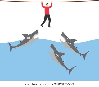 Businessman hangs on for dear life from a rope as he swings above a group of circling sharks in the sea. Risk taker, challenge to success, overcome difficulty or problem in crisis or entrepreneurship.