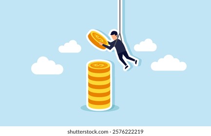 A businessman hangs on a rope carrying dollar coins, intending to stack them on a pile of dollar coins, illustration of collecting financial investment assets