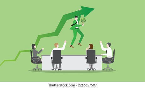 A Businessman Hangs A Rise Green Arrow With A Tree At A Teamwork Meeting. Concept Of ESG And Green Business Policy, Growth, Carbon Dioxide Net Zero Emission, Carbon Footprint And Planting A Forest.