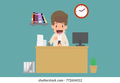 Businessman happiness drinking coffee and working on  desk.cartoon of business success is the concept of the man characters business, the mood of people,background,infographic. illustration vector
