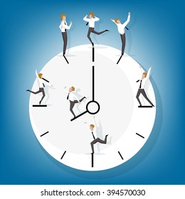Businessman happiness (on working time) on clock. (Time management business concept cartoon illustration)
