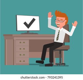 The businessman is happy about the task. Vector illustration. Flat design style.