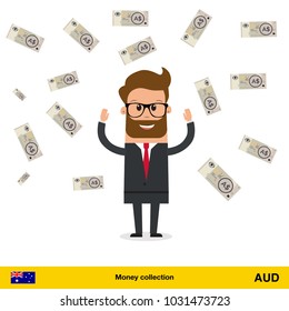 Businessman happy to earn a lot of money.  Australian dollar banknote vector illustration.