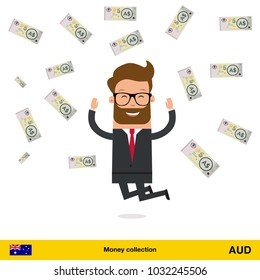 Businessman happy to earn a lot of money. Australian dollar banknote vector illustration.