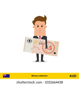 Businessman happy to earn money. Australian dollar banknote vector illustration.