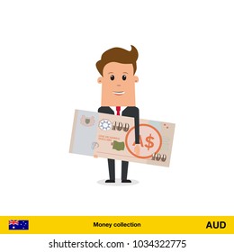 Businessman happy to earn money.  Australian dollar banknote vector illustration.