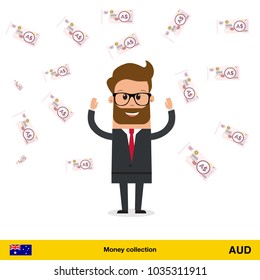 Businessman happy to earn a lot of money.  Australian dollar banknote vector illustration.