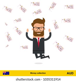 Businessman happy to earn a lot of money.  Australian dollar banknote vector illustration.