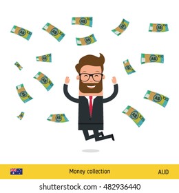 Businessman Happy To Earn A Lot Of Money. Australian Dollar Banknote Vector Illustration.