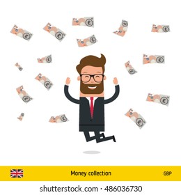 Businessman happy to earn a lot of money. British Pound banknote vector illustration.