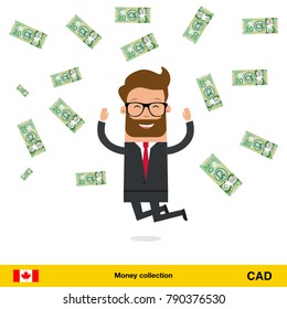 Businessman happy to earn a lot of money. Canadian dollar banknote vector illustration.