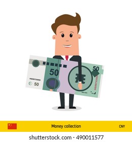 Businessman happy to earn money. Chinese Yuan banknote vector illustration.