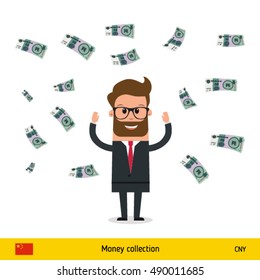 Businessman happy to earn a lot of money. Chinese Yuan banknote vector illustration.