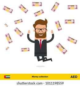 Businessman happy to earn a lot of money. Dirham banknote vector illustration.